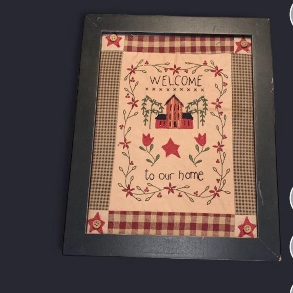 Vintage Red Saltbox beautifully stitched black Primitive framed wall art.
